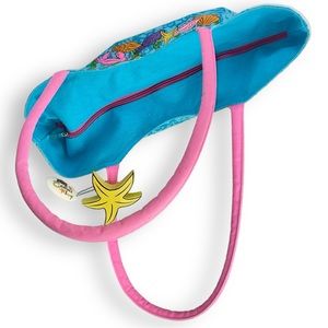 100% Cotton Bright Tropical Tote Beach Bag with Sequins Beads and Zipper Closure